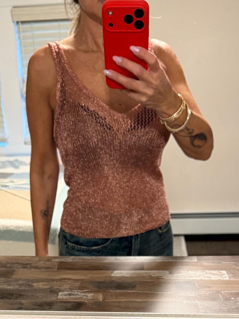 FREE PEOPLE  Rose Gold Metallic Knit Top - small